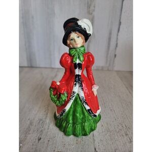 Vintage Victorian ceramic woman Xmas wreath caroler red coat green bow unique